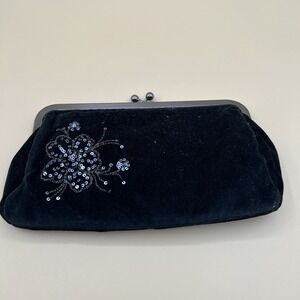Express Black Velvet Clutch Purse Sequin Floral Beaded Evening Bag